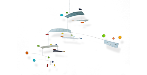 Mobilé – Fly (hellblau, grau mit bunten Punkten)